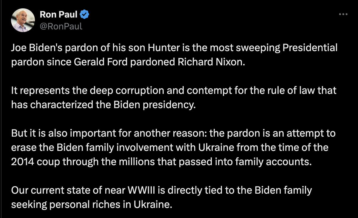 Ron Paulo critique la décision de Joe Biden d'introniser son fils.