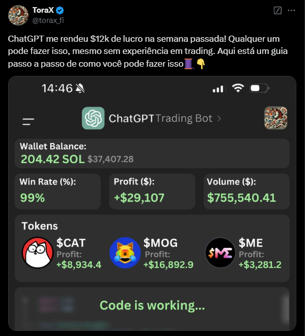 Torax partage son expérience de trading réussie avec ChatGPT, révélant qu'il a réalisé un bénéfice de 12 000 $ US la semaine dernière. Dans son article, il souligne que n'importe qui peut reproduire ce résultat, même sans expérience préalable en trading, et fournit un guide étape par étape pour aider les personnes intéressées. L'image montre les détails du robot de trading, notamment un solde de portefeuille de 204,42 SOL et un taux de victoire impressionnant de 99 %, avec des bénéfices individuels provenant de différents jetons tels que CAT, MOG et $ME. Le message est clair : avec les bons outils, réussir sur le marché des memecoins est accessible à tous.